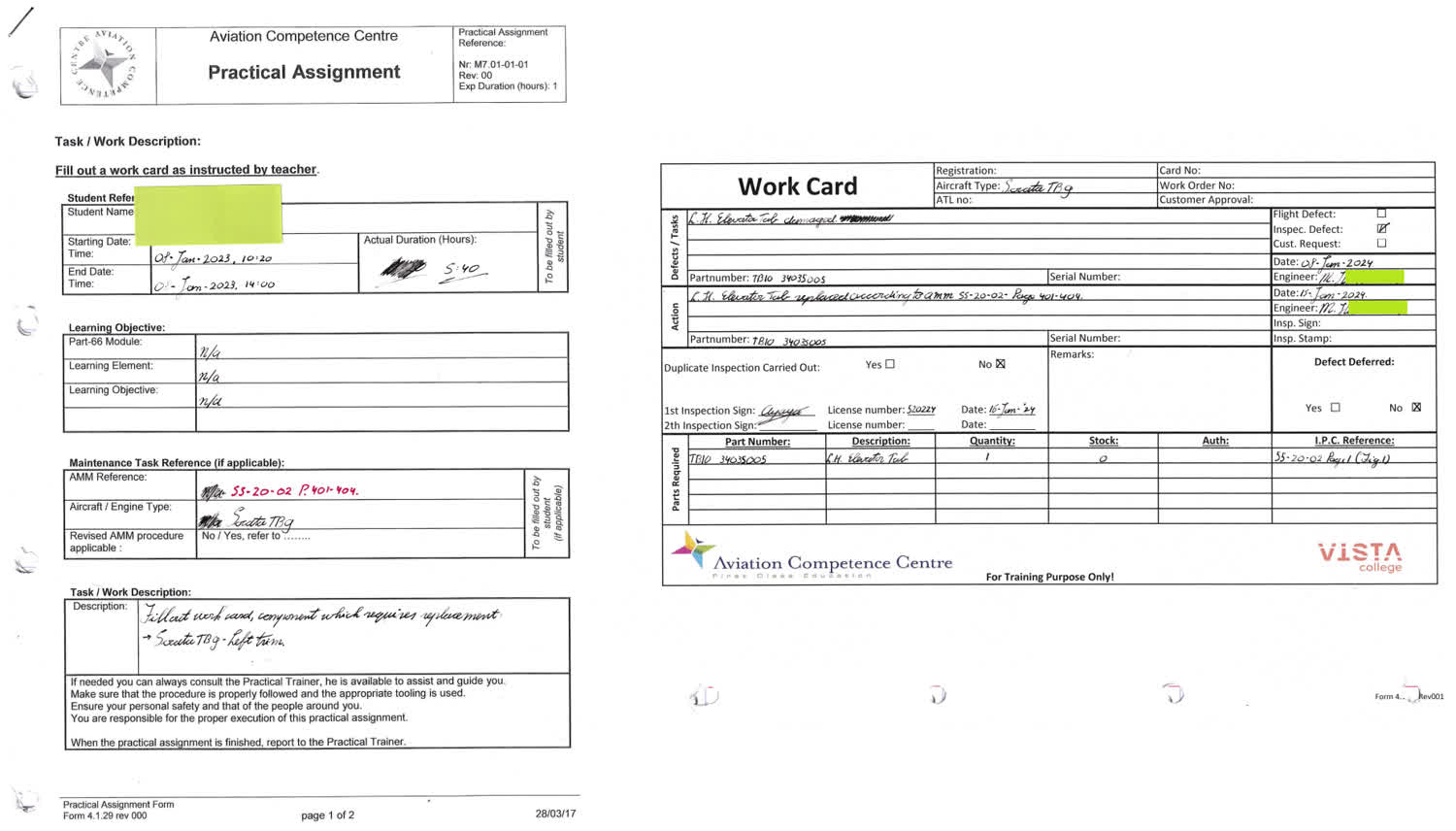 filled in work card